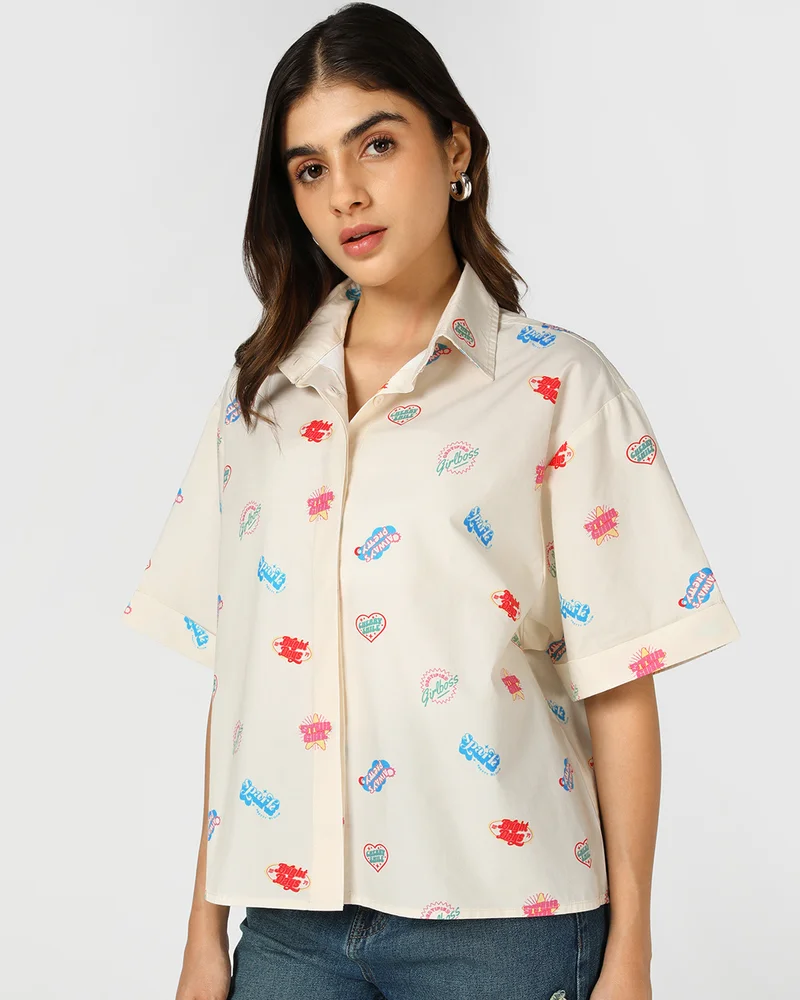 bewakoof Women's Off White All Over Printed Oversized Shirt