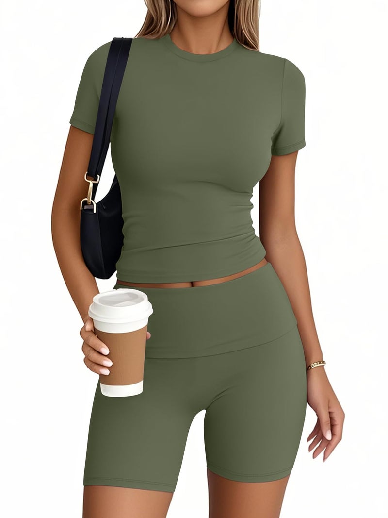 Trendy Queen 2 Piece Summer Cute Workout Sets Gym Short Set Pilates Yoga Outfits Going Out Spring Athletic Comfy Active Wear ArmyGreen S - Image 2