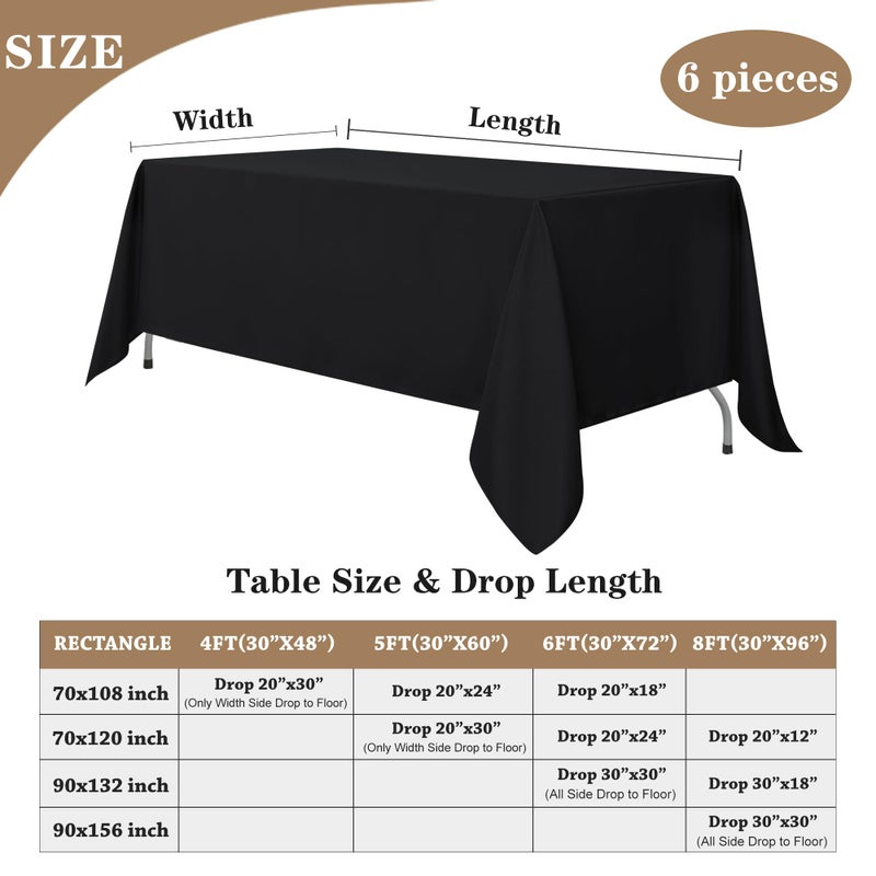 Fitable Black Tablecloths for Rectangle Tables, 6 Pack - 70 x 120 Inches - Reusable and Washable Table Clothes for 6-8 Ft Tables, Polyester Fabric Table Covers for Wedding, Party, Banquet - Image 4