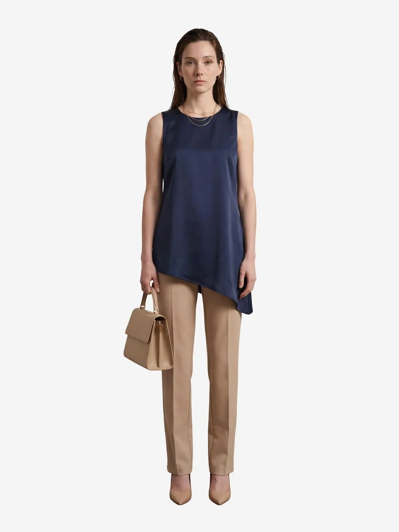 ماي فاشن MY FASHION Satin Crew Neck Sleeveless Long Blouse with Slit
