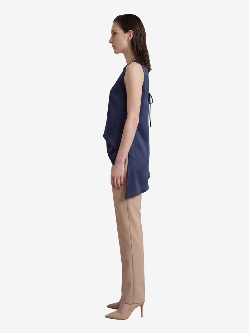 My Fashion Navy Blue MY FASHION Satin Crew Neck Sleeveless Long Blouse with Slit for Women | Best Price UAE