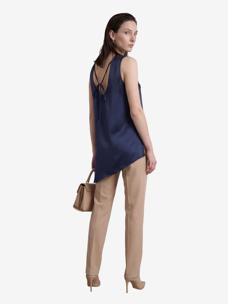 My Fashion Navy Blue MY FASHION Satin Crew Neck Sleeveless Long Blouse with Slit for Women | Best Price UAE