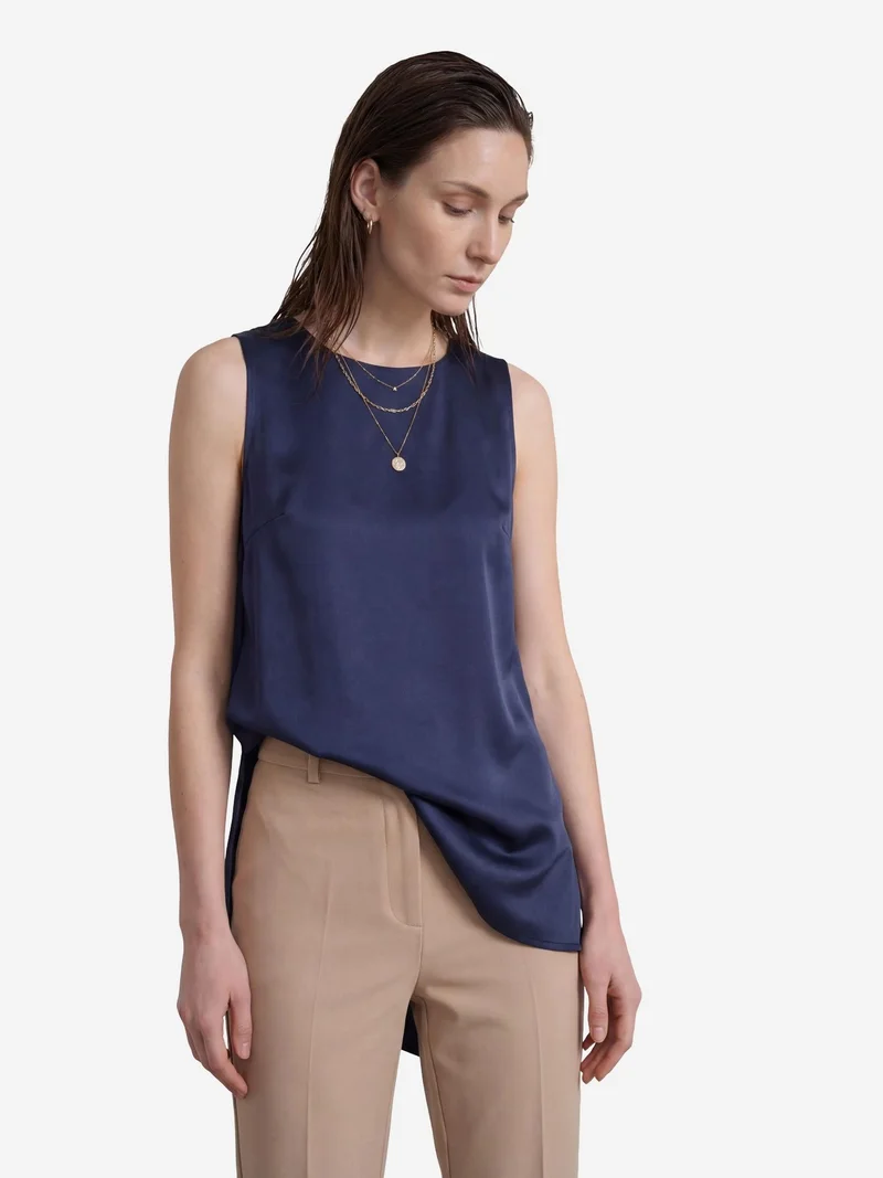 My Fashion Navy Blue MY FASHION Satin Crew Neck Sleeveless Long Blouse with Slit for Women | Best Price UAE