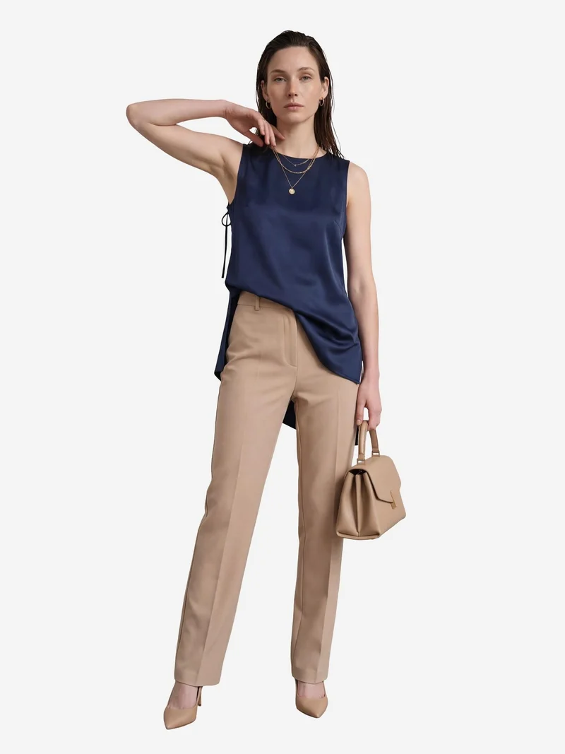 My Fashion Navy Blue MY FASHION Satin Crew Neck Sleeveless Long Blouse with Slit for Women | Best Price UAE