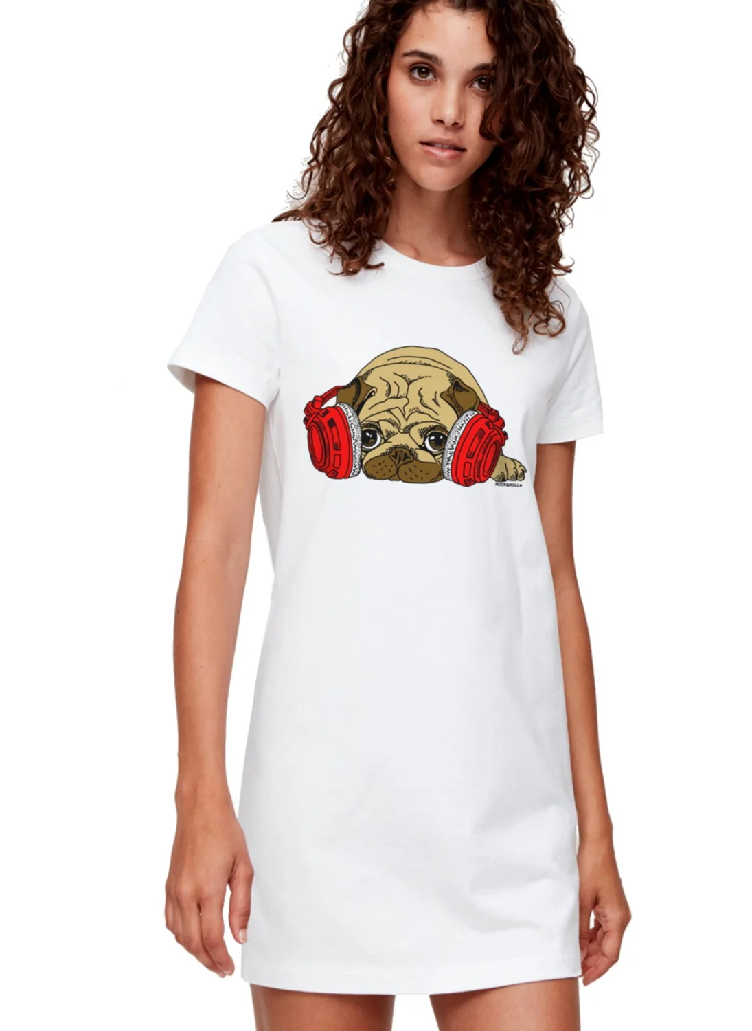 Rock&Roll Rock & Roll Dog with Headphones White Short Sleeve Cotton T-Shirt Dress