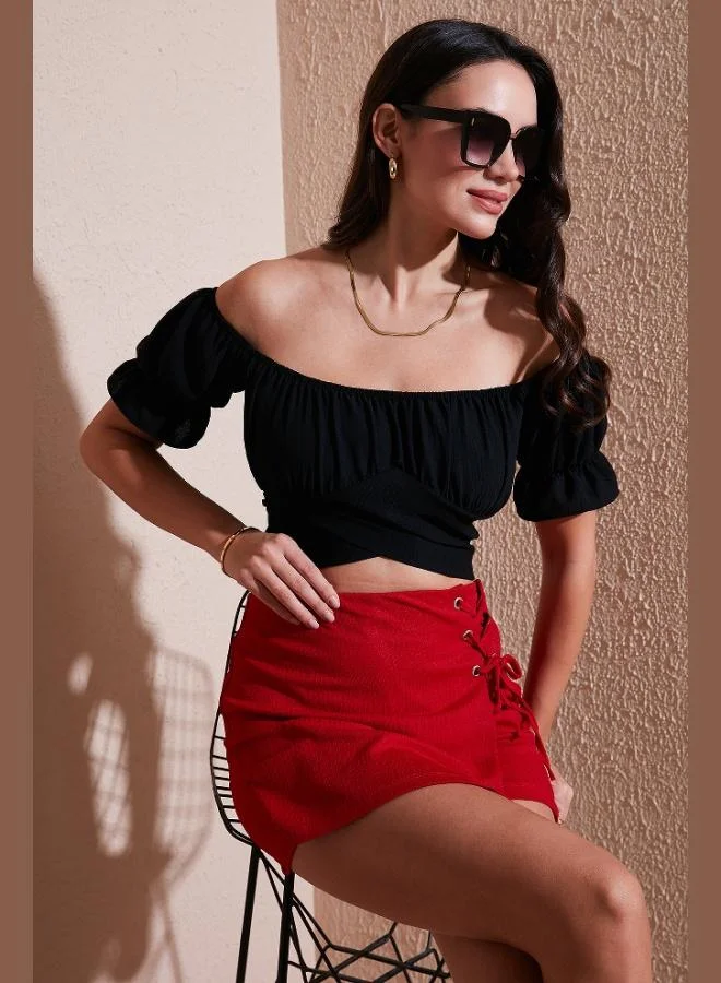 Lela Lela Regular Fit Madonna Collar Tie Detail Crop Blouse Women's BLOUSE 6527017