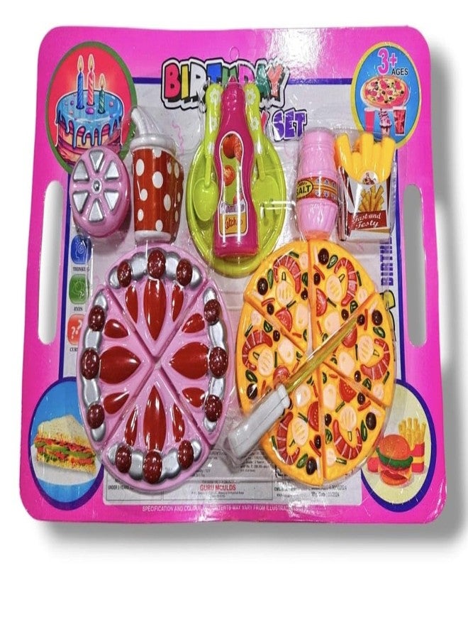 Birthday Party Pretend Play Set, Pizza and Cake Toys with Accessories, Ages 3+, Pink