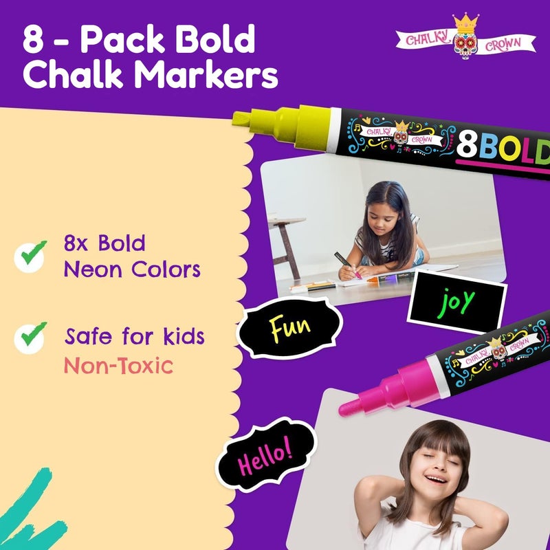 CHALKY CROWN Markers طباشير سائلة جريئة - أقلام ماركر قابلة للمسح للسبورات، اللافتات، النوافذ، السبورة، الزجاج، المرايا - علامات سبورة مع طرف قابل للعكس (8 عبوة) - (متعددة الألوان، 6 مم) - Image 2