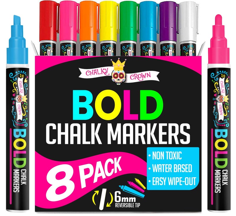 CHALKY CROWN Markers طباشير سائلة جريئة - أقلام ماركر قابلة للمسح للسبورات، اللافتات، النوافذ، السبورة، الزجاج، المرايا - علامات سبورة مع طرف قابل للعكس (8 عبوة) - (متعددة الألوان، 6 مم) - Image 1