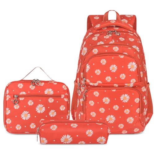 goldwheat Daisy Printed Backpacks With Lunch Pack Pencil Case 3pcs Lightweight Water Resistant Bookbag For Middle School - Image 1