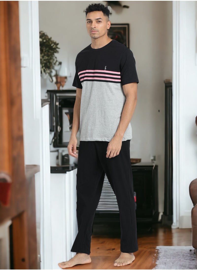 victor and jane - Men's Cotton Pyjama Sets with Round Neck T-shirt in Grey and Black long pants - Image 1