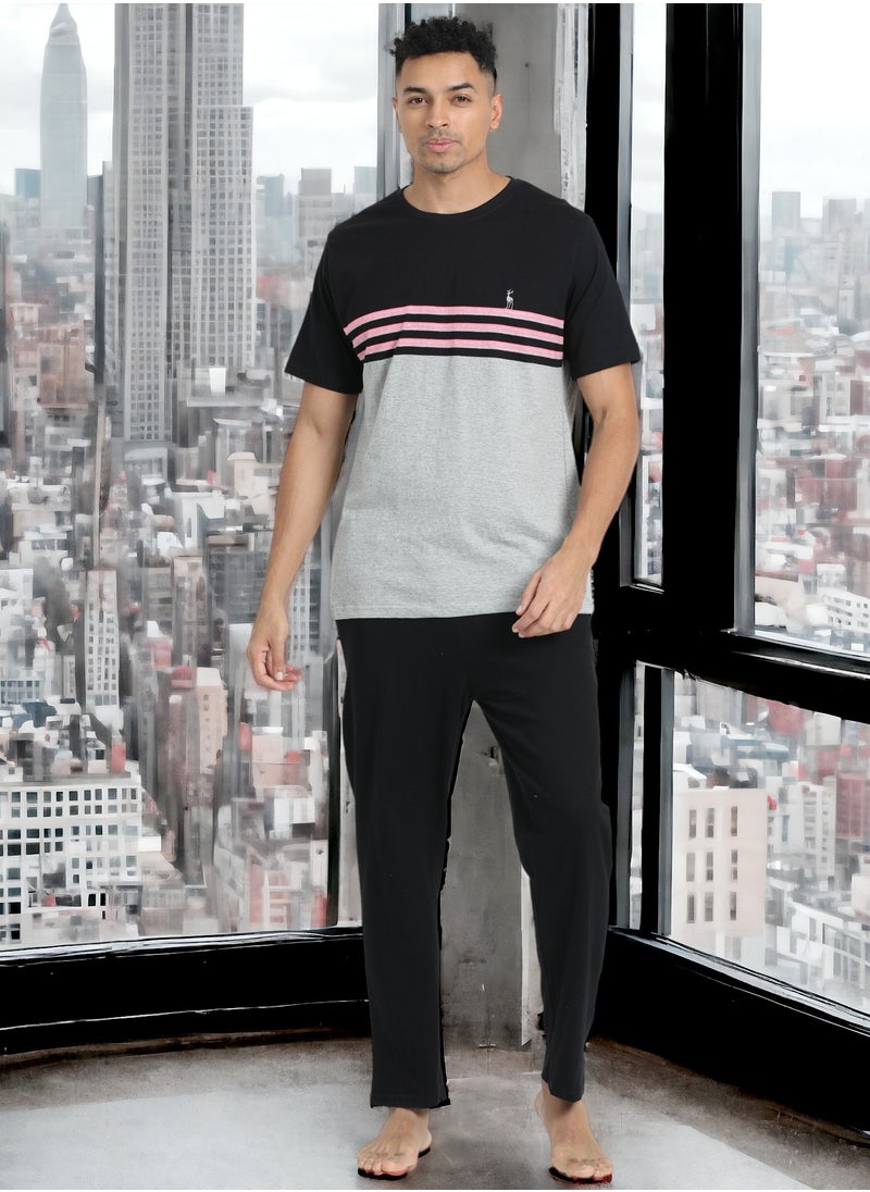 victor and jane - Men's Cotton Pyjama Sets with Round Neck T-shirt in Grey and Black long pants - Image 1