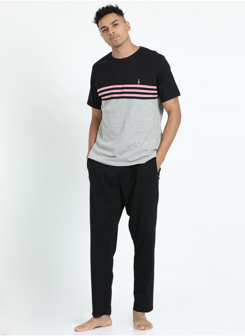victor and jane - Men's Cotton Pyjama Sets with Round Neck T-shirt in Grey and Black long pants - Image 1