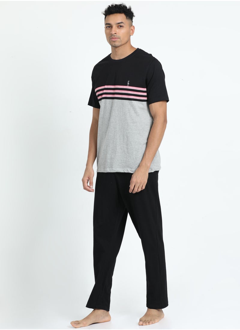 victor and jane - Men's Cotton Pyjama Sets with Round Neck T-shirt in Grey and Black long pants - Image 1