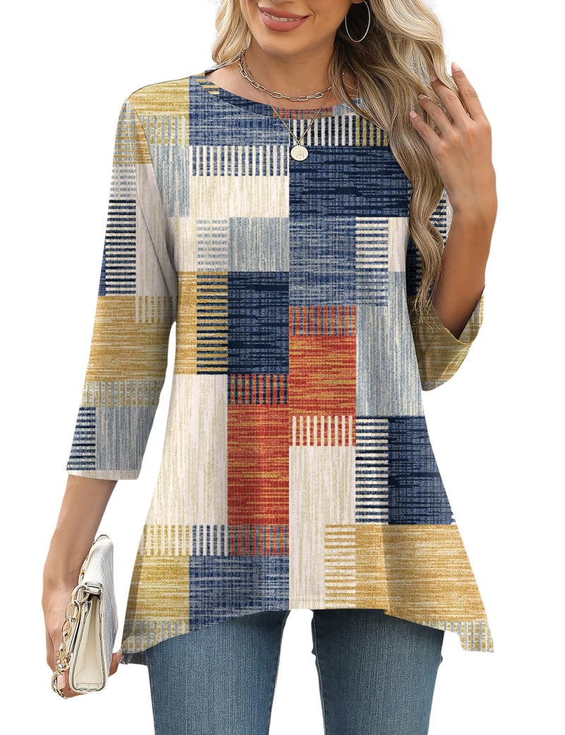 LOMON Women's Summer Tops Plus Size Tunics to Wear With Leggings 3/4 Sleeve Flowy Shirts for 2025 with Elbow Length Blocks 3XL - Image 1