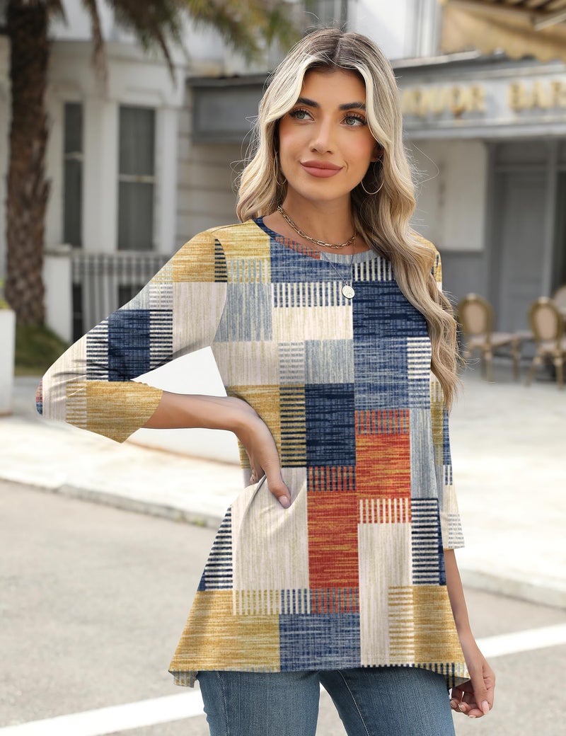 LOMON Women's Summer Tops Plus Size Tunics to Wear With Leggings 3/4 Sleeve Flowy Shirts for 2025 with Elbow Length Blocks 3XL - Image 3