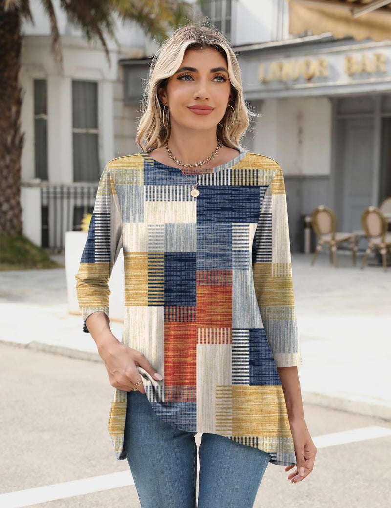 LOMON Women's Summer Tops Plus Size Tunics to Wear With Leggings 3/4 Sleeve Flowy Shirts for 2025 with Elbow Length Blocks 3XL - Image 2