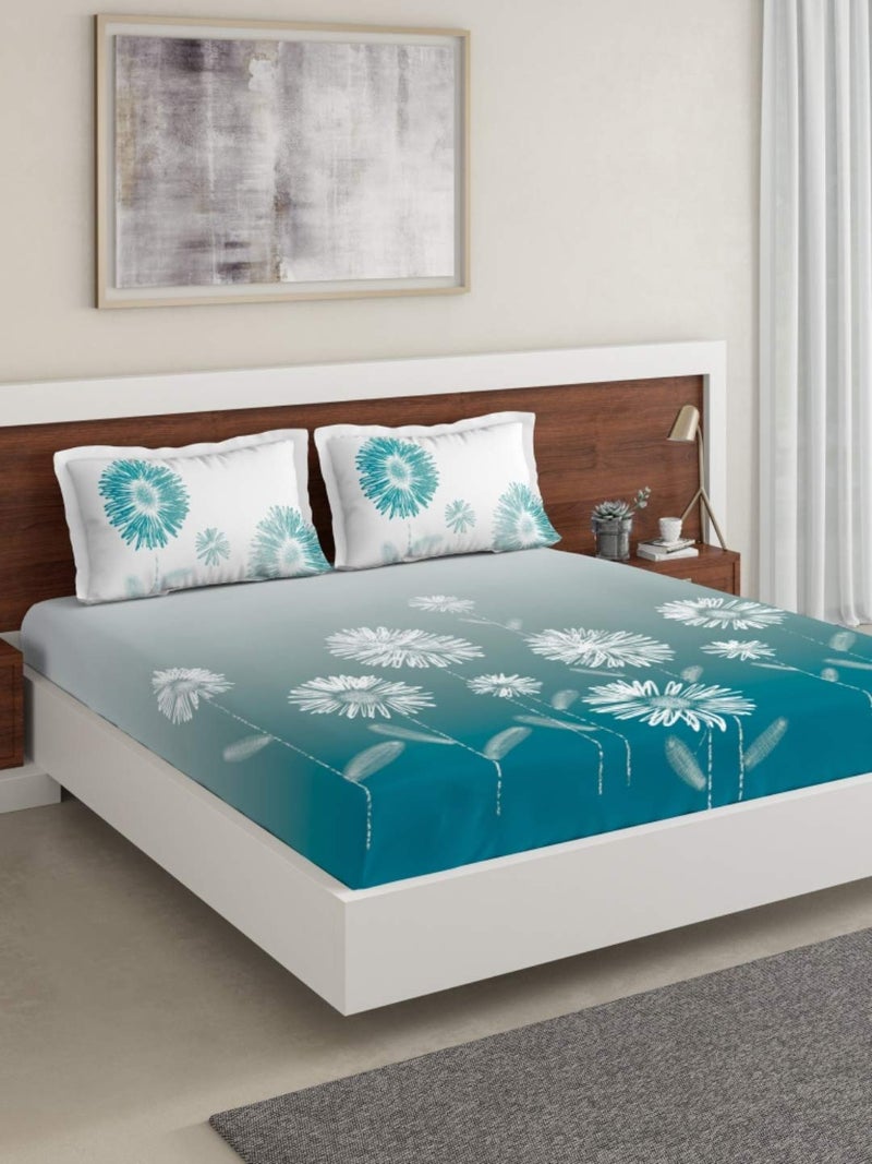DDECOR Live beautiful DDECOR Ariella 100 Cotton Fitted Bedsheet with 2 Pillow Covers King Size Turquoise 