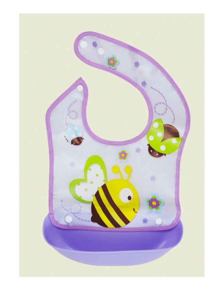 Generic A bib for children with a silicone pocket featuring a waterproof and washable cartoon drawing, in purple colour  - Image 1