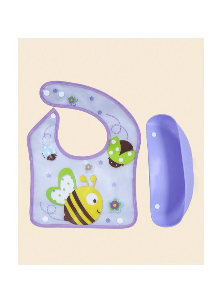 Generic A bib for children with a silicone pocket featuring a waterproof and washable cartoon drawing, in purple colour  - Image 2