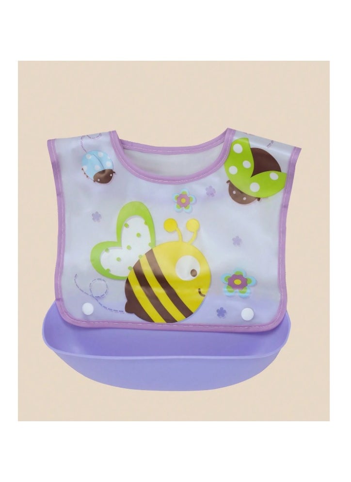 Generic A bib for children with a silicone pocket featuring a waterproof and washable cartoon drawing, in purple colour  - Image 3