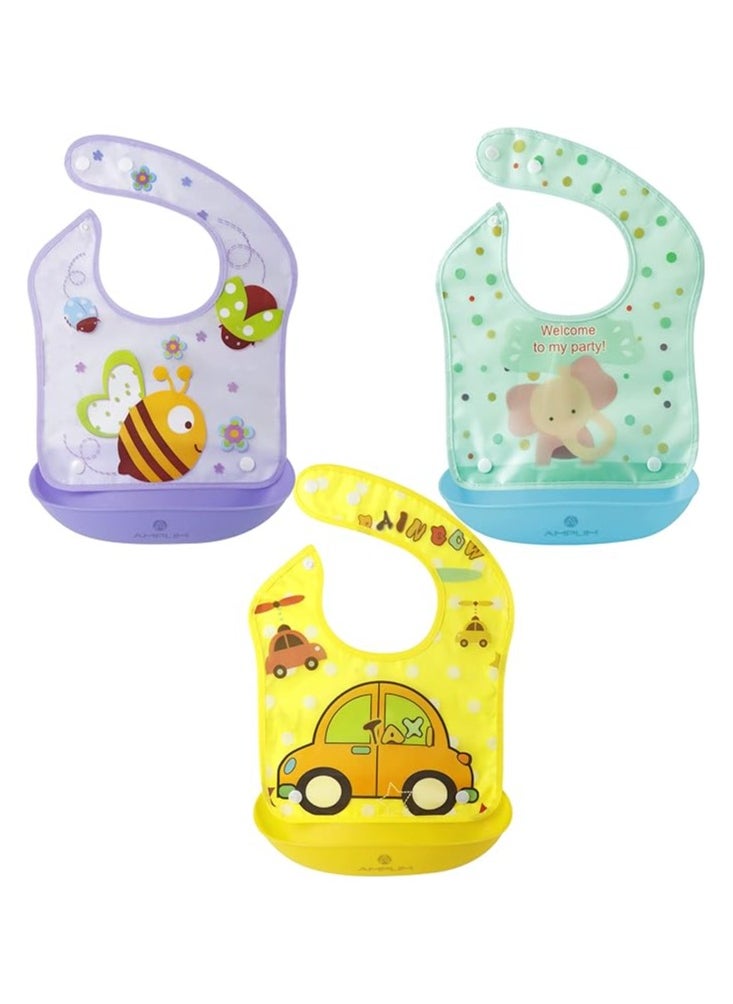 Generic A bib for children with a silicone pocket featuring a waterproof and washable cartoon drawing, in purple colour  - Image 4