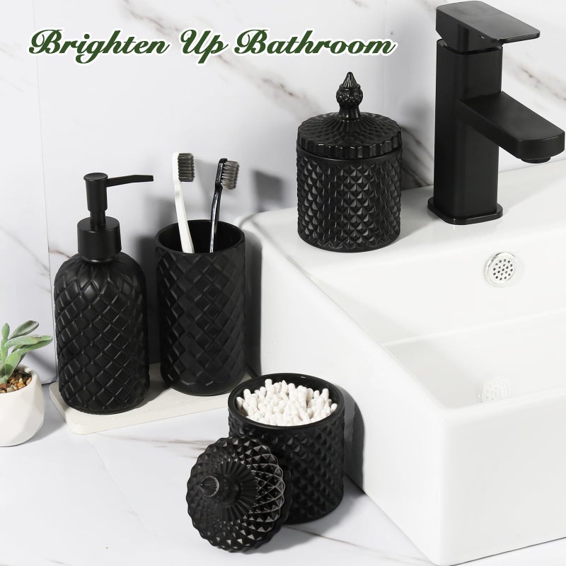 RYTOXILO Matte Black Bathroom Accessories Set, 4 Pack Black Bath Accessory Sets Complete, Diamond Glass Soap Dispenser and Toothbrush Holder Set for Countertop, Gothic Decor Organizer Essentials - Image 5