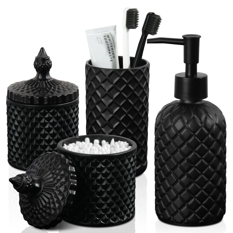 RYTOXILO Matte Black Bathroom Accessories Set, 4 Pack Black Bath Accessory Sets Complete, Diamond Glass Soap Dispenser and Toothbrush Holder Set for Countertop, Gothic Decor Organizer Essentials - Image 1
