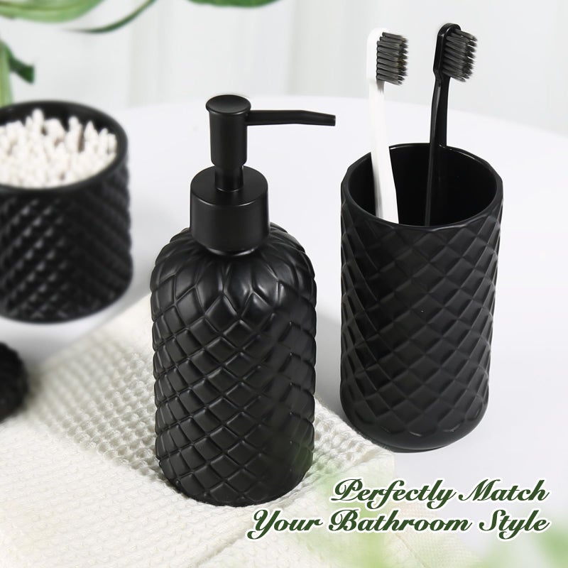 RYTOXILO Matte Black Bathroom Accessories Set, 4 Pack Black Bath Accessory Sets Complete, Diamond Glass Soap Dispenser and Toothbrush Holder Set for Countertop, Gothic Decor Organizer Essentials - Image 3