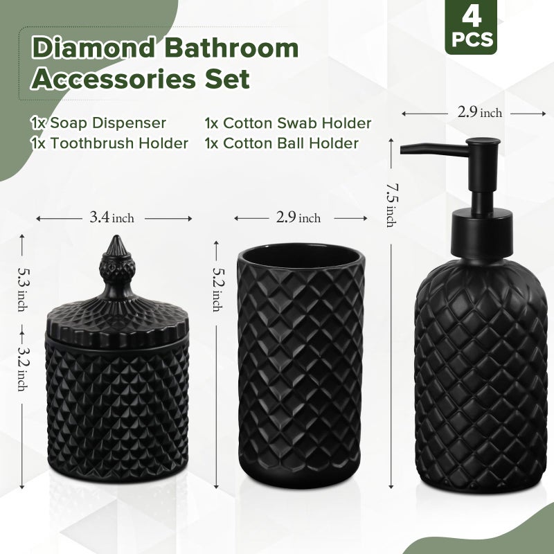 RYTOXILO Matte Black Bathroom Accessories Set, 4 Pack Black Bath Accessory Sets Complete, Diamond Glass Soap Dispenser and Toothbrush Holder Set for Countertop, Gothic Decor Organizer Essentials - Image 2