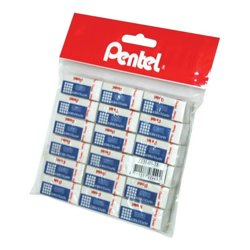 Pentel Hi-Polymer Eraser, 18 Pcs, White/Blue/Red
