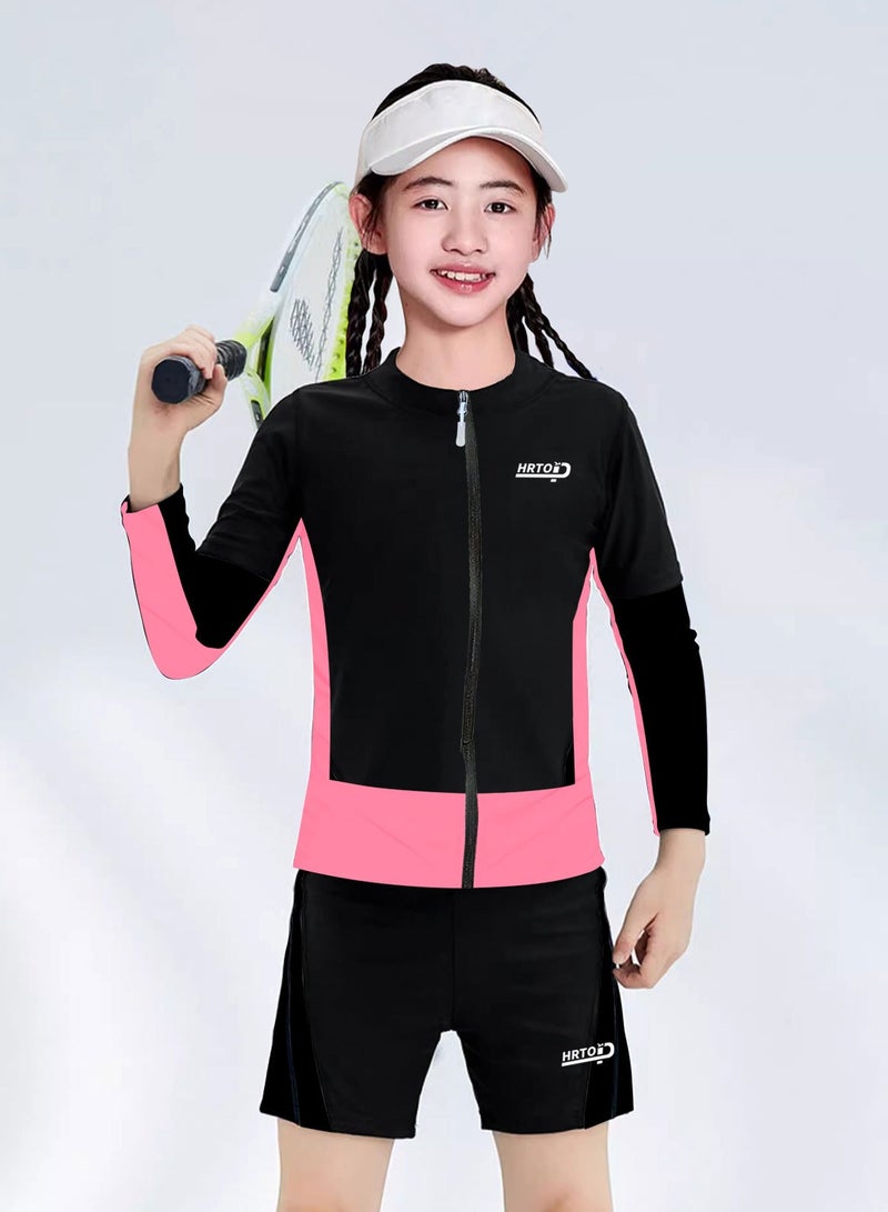 جي آر كيه سي ملابس سباحة للبنات – طقم مكون من قميص بأكمام قصيرة وسروال سباحة، بدلة سباحة واقية من الشمس للأطفال - Image 2