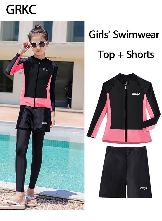 جي آر كيه سي ملابس سباحة للبنات – طقم مكون من قميص بأكمام قصيرة وسروال سباحة، بدلة سباحة واقية من الشمس للأطفال - Image 1