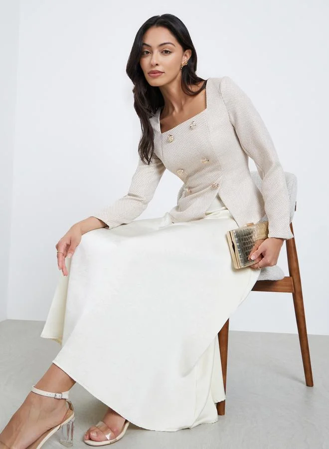 Cream Square Neck Tweed A-Line Maxi Dress