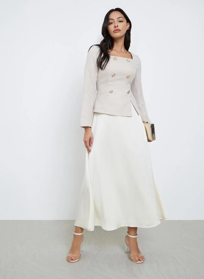 Styli Cream Square Neck Tweed A-Line Maxi Dress