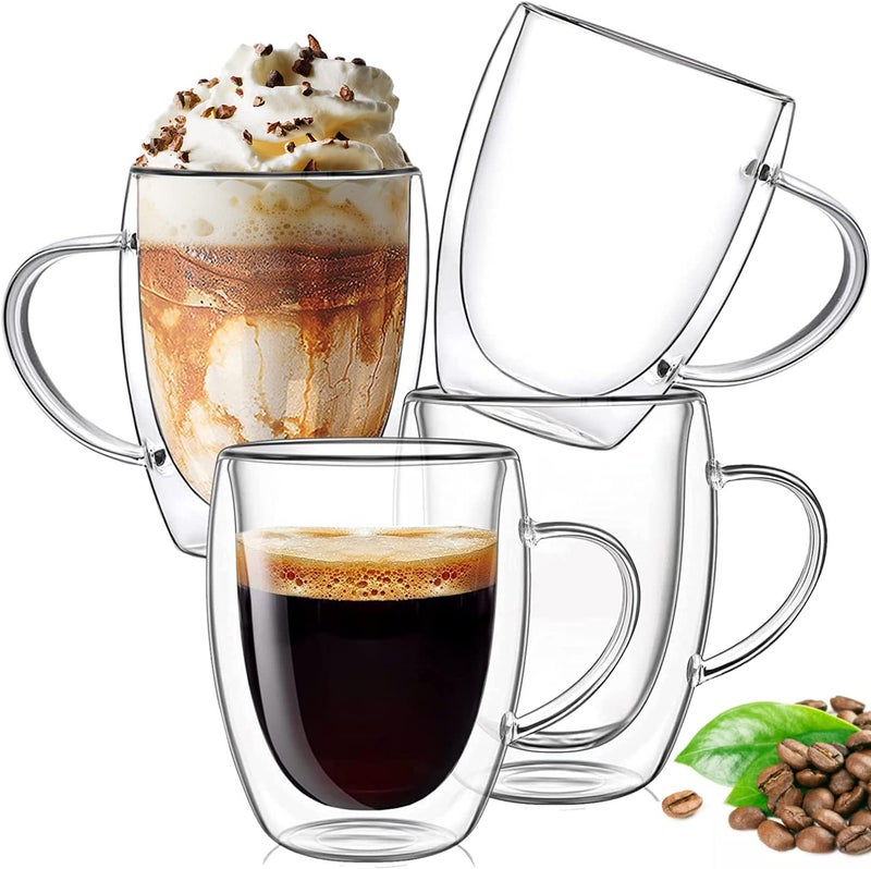 Ulrikco 12 oz Double Walled Glass Coffee Mugs Clear Glass Mug Set of 4 Insulated Borosilicate Glass Coffee Cups with Handle Espresso Mugs for Cappuccino Latte Tea HotCold Drink