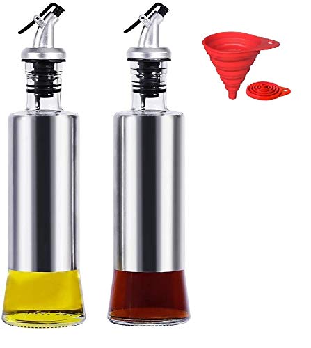 Avora Oil Dispenser for Kitchen 1 Litre Glass Clear 1000 ml Pack of 2 Steel 500 x 2 with Funnel
