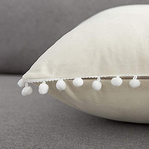 CottonFry Set of 2 Cushion Covers/Throw Pillow Covers Size 12"X12" Inches with Pom Poms, Soft Square Velvet Pillowcases Home Decor (Cream, Pack of 2) - Image 3