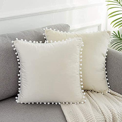 CottonFry Set of 2 Cushion Covers/Throw Pillow Covers Size 12"X12" Inches with Pom Poms, Soft Square Velvet Pillowcases Home Decor (Cream, Pack of 2) - Image 1