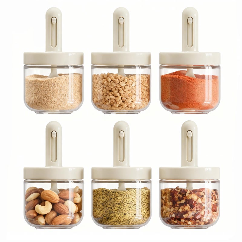 ShanSon 6-Piece Airtight Kitchen Spice Jars 10.16oz/300ml Glass Containers with Built-in Spoon for kitchen pantry - Image 1