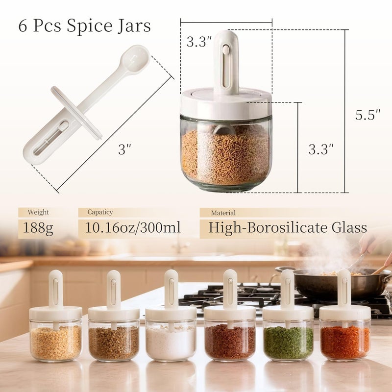 ShanSon 6-Piece Airtight Kitchen Spice Jars 10.16oz/300ml Glass Containers with Built-in Spoon for kitchen pantry - Image 2