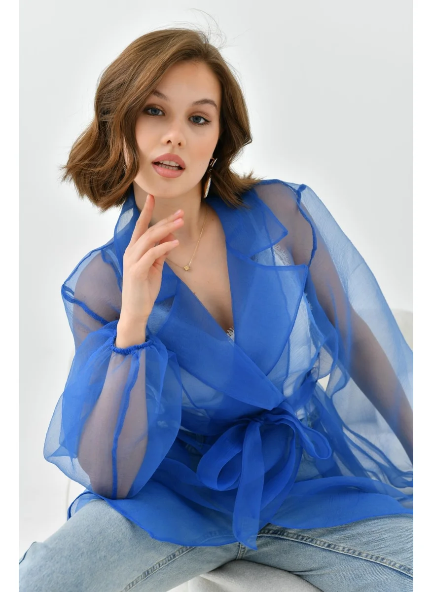 Garmi Women's Patterned Chiffon Cape Saxe Blue