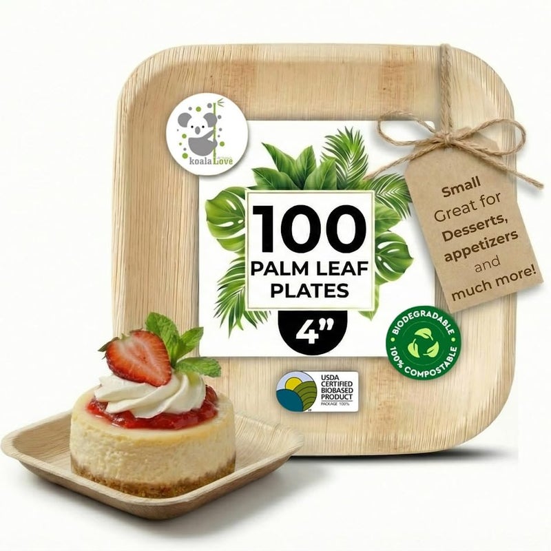 Koala love Palm Leaf Plates 4 Inch Bamboo Plate Disposable 100 Pack Small Dessert and Appetizer Square Party Plates Biodegradable Compostable Cocktail Better Than Paper Plate By KoalaLove - Image 1