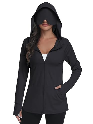 SeSe Code UPF 50 Hoodie With Eye Mask Womens Zip Up Travel Jackets Lightweight Sleep Sun Protection Shirts Pockets Outdoor Nap Black S - Image 1