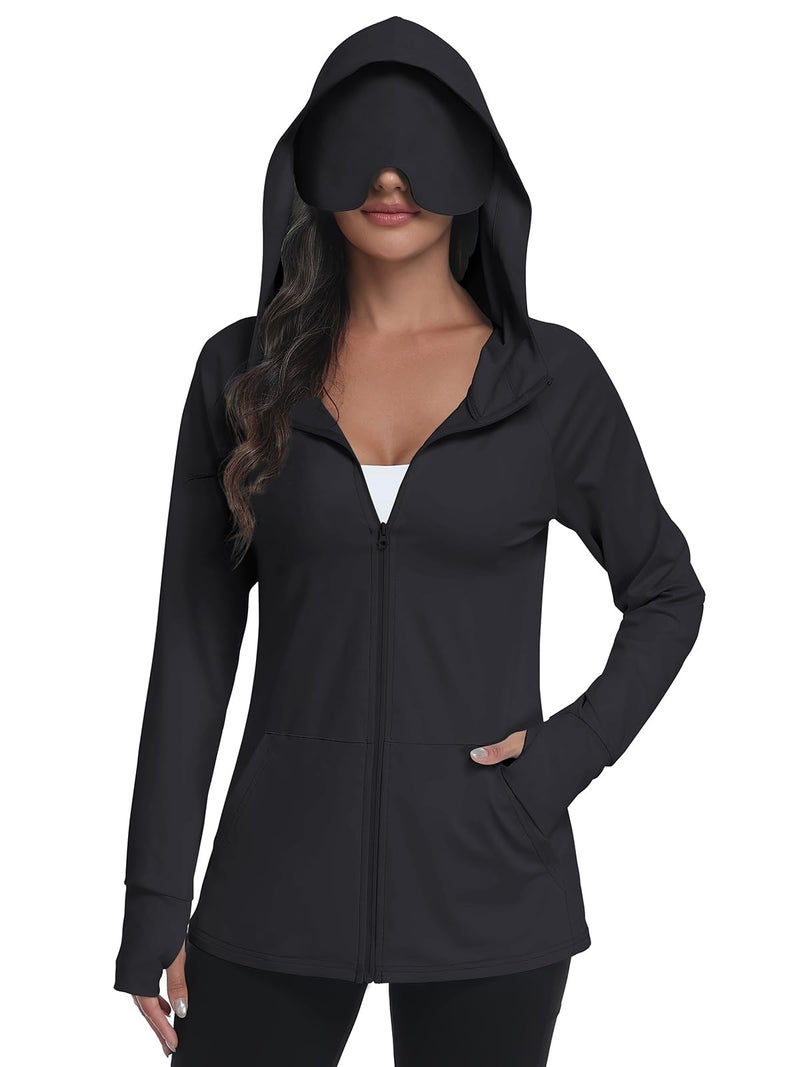 SeSe Code UPF 50 Hoodie With Eye Mask Womens Zip Up Travel Jackets Lightweight Sleep Sun Protection Shirts Pockets Outdoor Nap Black S - Image 2