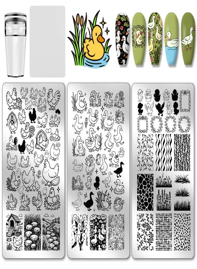 PH PandaHall 3pcs Chickens Ducks Nail Stamp Plate Farm Theme Print Art Template Stainless Steel Nail Image Plate Farm Animals Nails Stencils for Women Manicure Salon 4.7x2.3 inch - Image 1