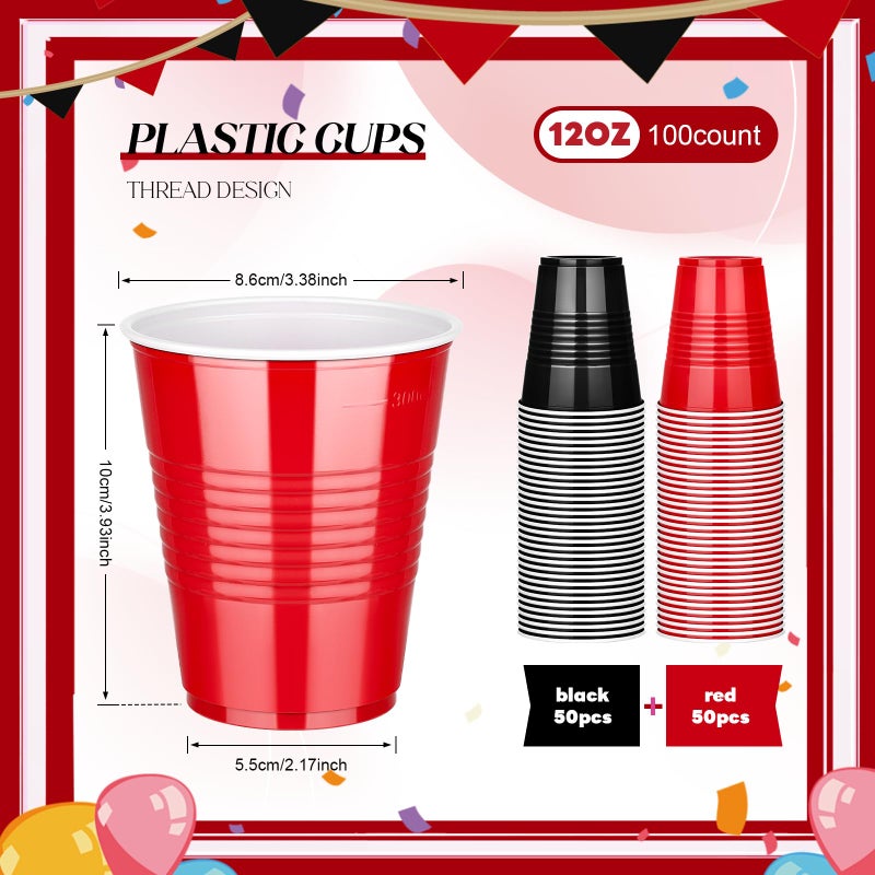 KesaPlan 100 PCS 12 OZ Plastic Cups  Happy New Year Party Cups Black and Red Cups Disposable Drinking Cup Bulk For Christmas Graduation Wedding Birthday Halloween Family Gathering Festive Celebrations - Image 2