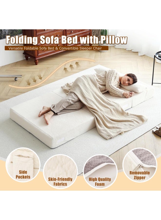 YSOAE Portable Comfy Folding Sofa Bed, Fold Out Sleeper Couch with Back Support,  Futon Mattress for Travel & Camping, Floor Lounger Chair Bed for Living Room, Guest Room, Dorm, Apartment, White - Image 2