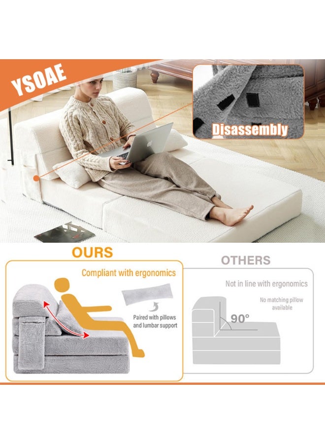 YSOAE Portable Comfy Folding Sofa Bed, Fold Out Sleeper Couch with Back Support,  Futon Mattress for Travel & Camping, Floor Lounger Chair Bed for Living Room, Guest Room, Dorm, Apartment, White - Image 5