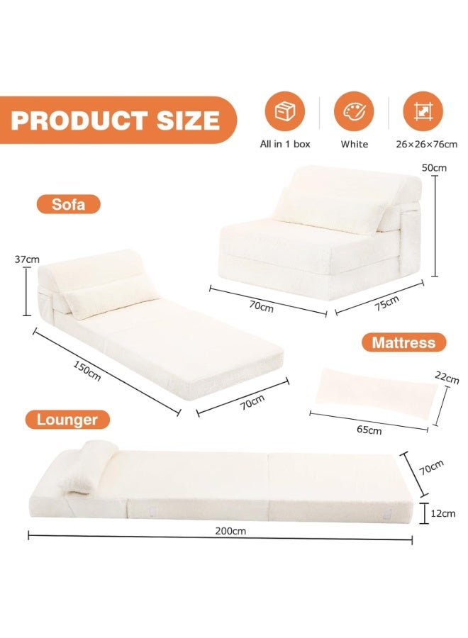 YSOAE Portable Comfy Folding Sofa Bed, Fold Out Sleeper Couch with Back Support,  Futon Mattress for Travel & Camping, Floor Lounger Chair Bed for Living Room, Guest Room, Dorm, Apartment, White - Image 4